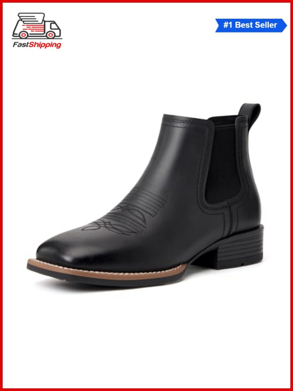 ✨ Cowboy Boots Square Toe Pull-On Chelsea Ankle Boots Faux Leather